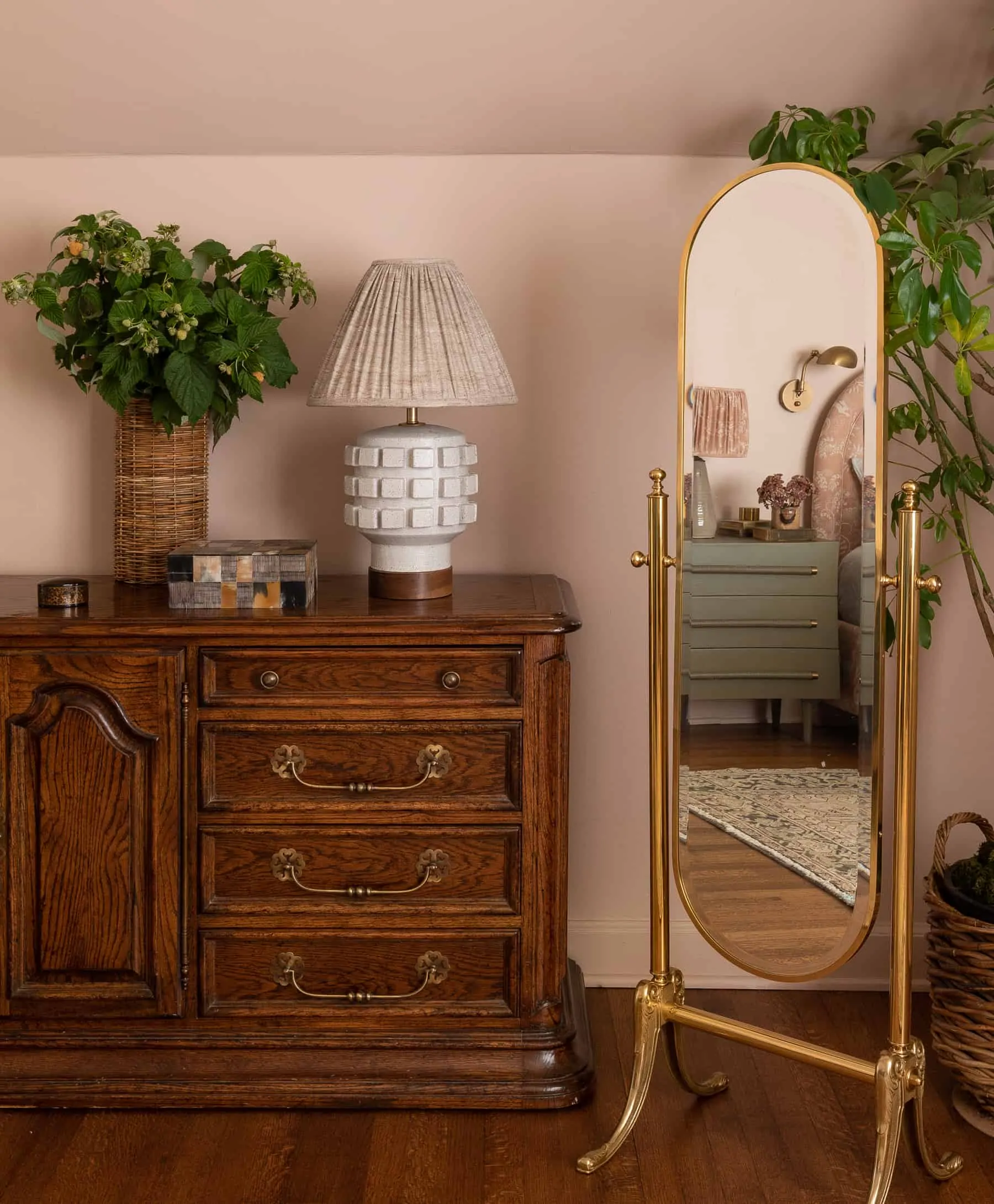 Heidi-Caillier-Design-Seattle-interior-designer-master-bedroom-pink-walls-Danny-Kaplan-lamp-vintage-brass-floor- mirror-styling-british-dresser - Heidi Caillier